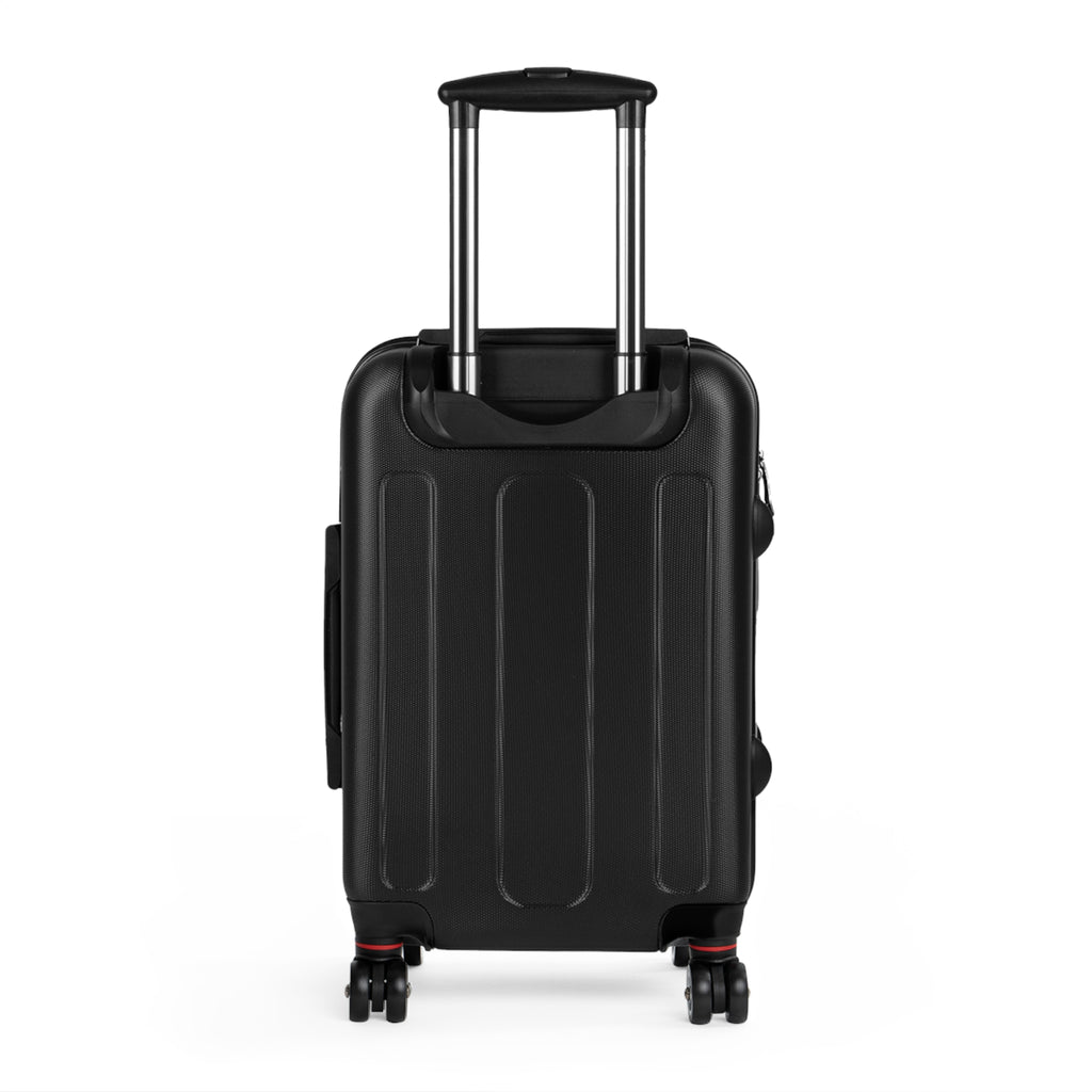 Black hard-shell rolling suitcase with vertical ridges, extendable handle, and 4 wheels