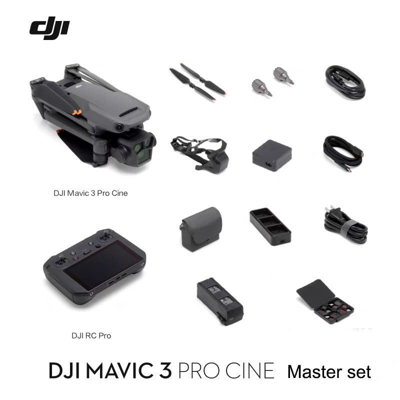 DJI Mavic 3 Pro Cine Master set with drone, DJI RC Pro, and accessories