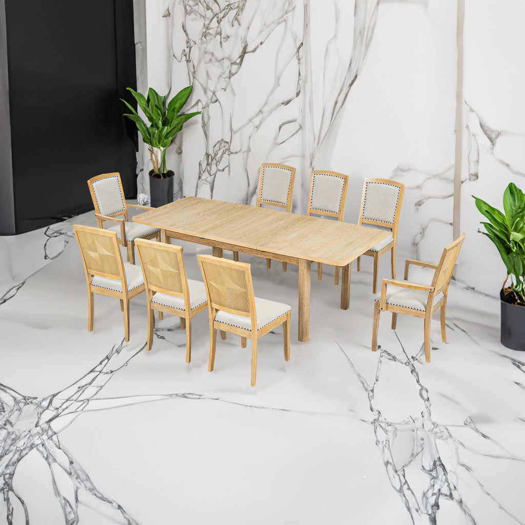 Natural wood dining table set with eight padded chairs, six armless and two armchairs