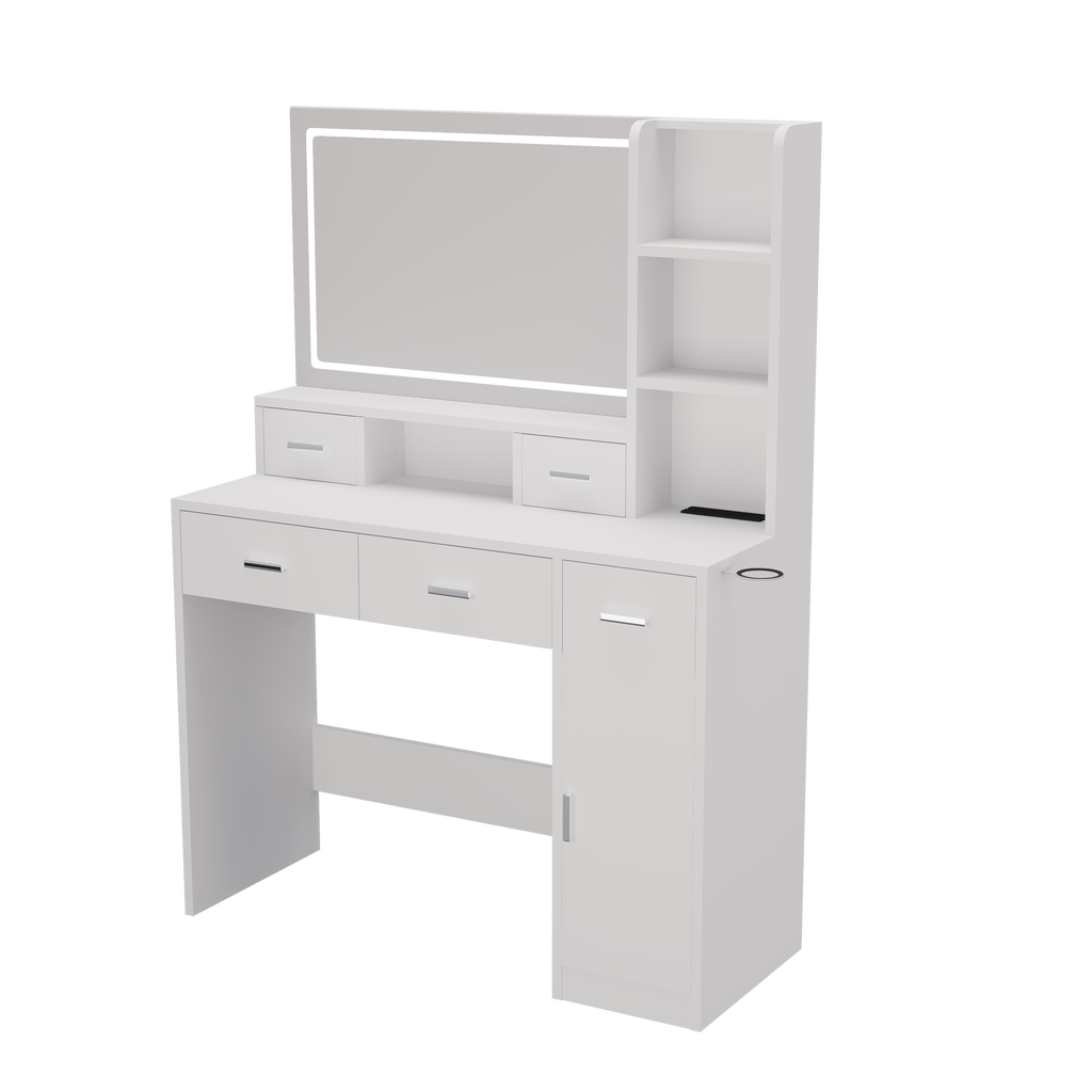 White vanity dressing table with framed mirror, multiple drawers, and right-side cabinet