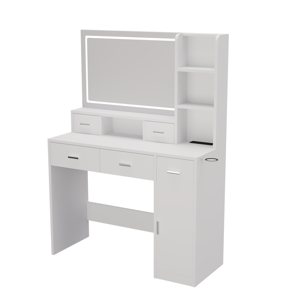 White vanity dressing table with framed mirror, multiple drawers, and right-side cabinet