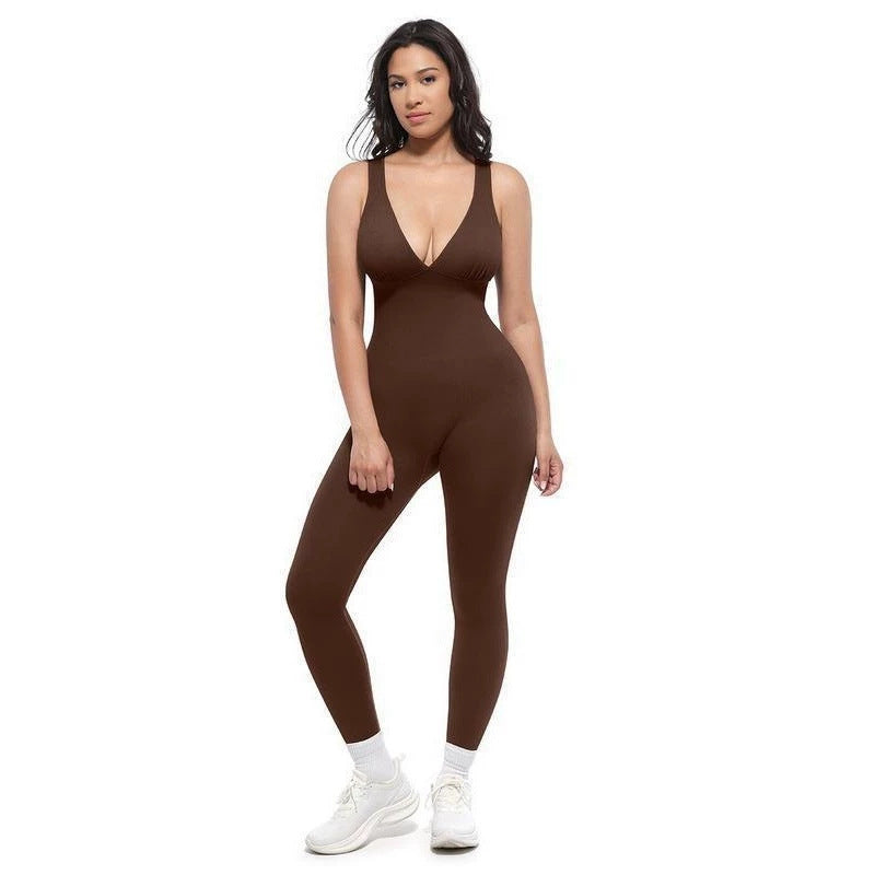 Coffee-brown sleeveless V-neck jumpsuit with long fitted legs, full-body front view