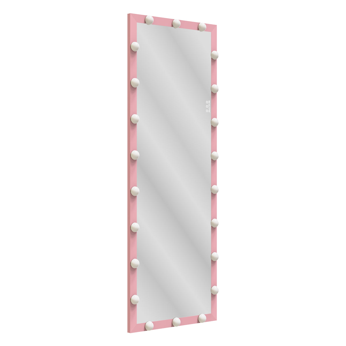 Tall pink Hollywood vanity mirror with border bulbs and reflective glass