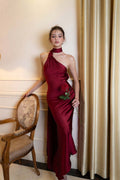 Wine red satin halter backless evening dress, halter neckline with cutout back