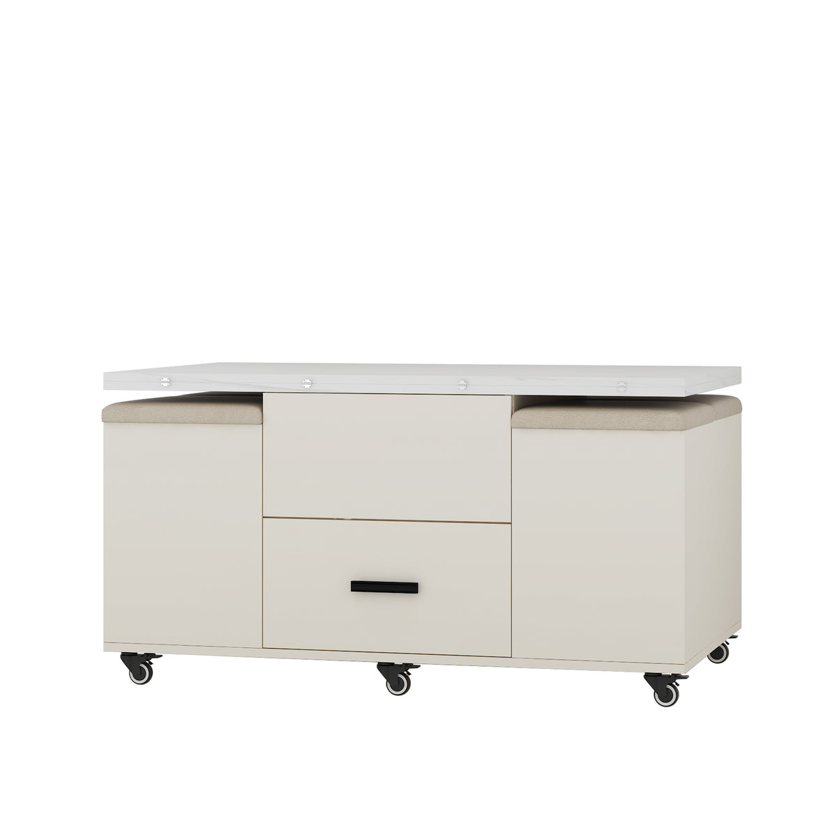 White lift-top coffee table with drawer and two cabinet doors, shown from an angle