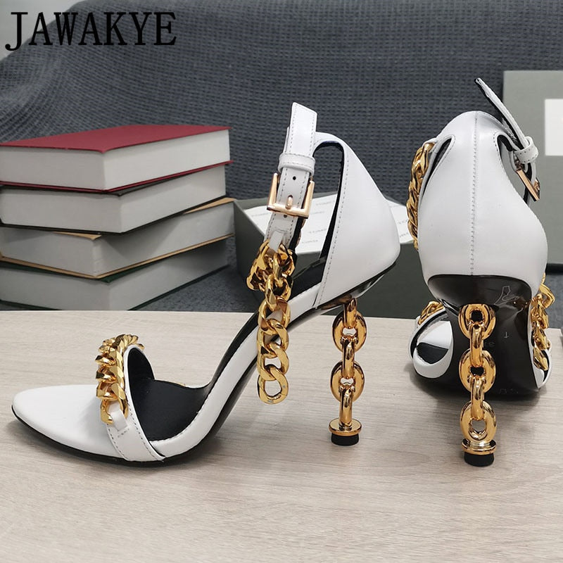 White open-toe stiletto high-heel ankle strap sandals with chunky gold chain hardware