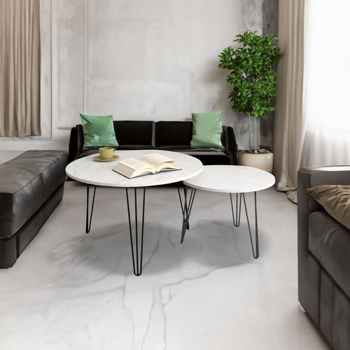 Round nesting coffee table set of 2, white marble-look tops, black metal legs
