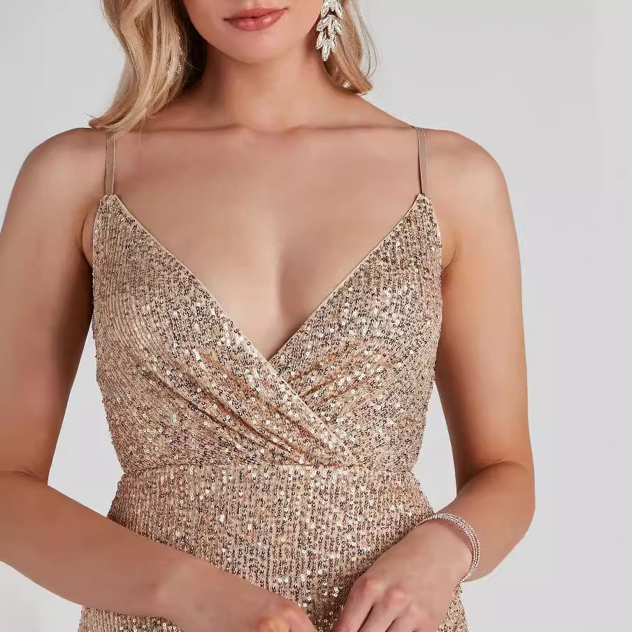 Gold sequined bodycon mini dress close-up: deep V neckline and thin straps