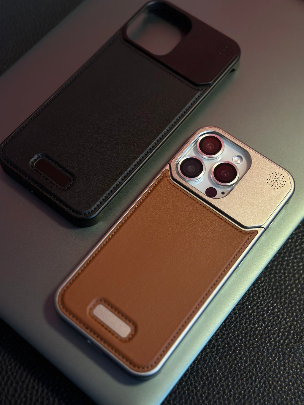 Magnetic aromatherapy phone case, brown leather-style back with camera cutouts and strap slot
