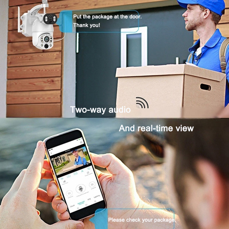 White outdoor solar dual-lens security camera with two-way audio