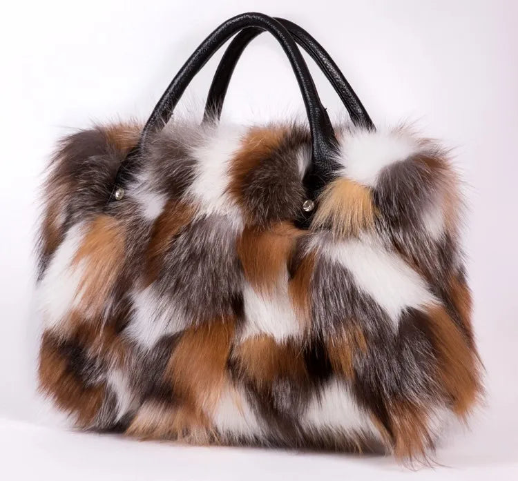 Multicolored faux fur tote bag with black leather handles and side studs