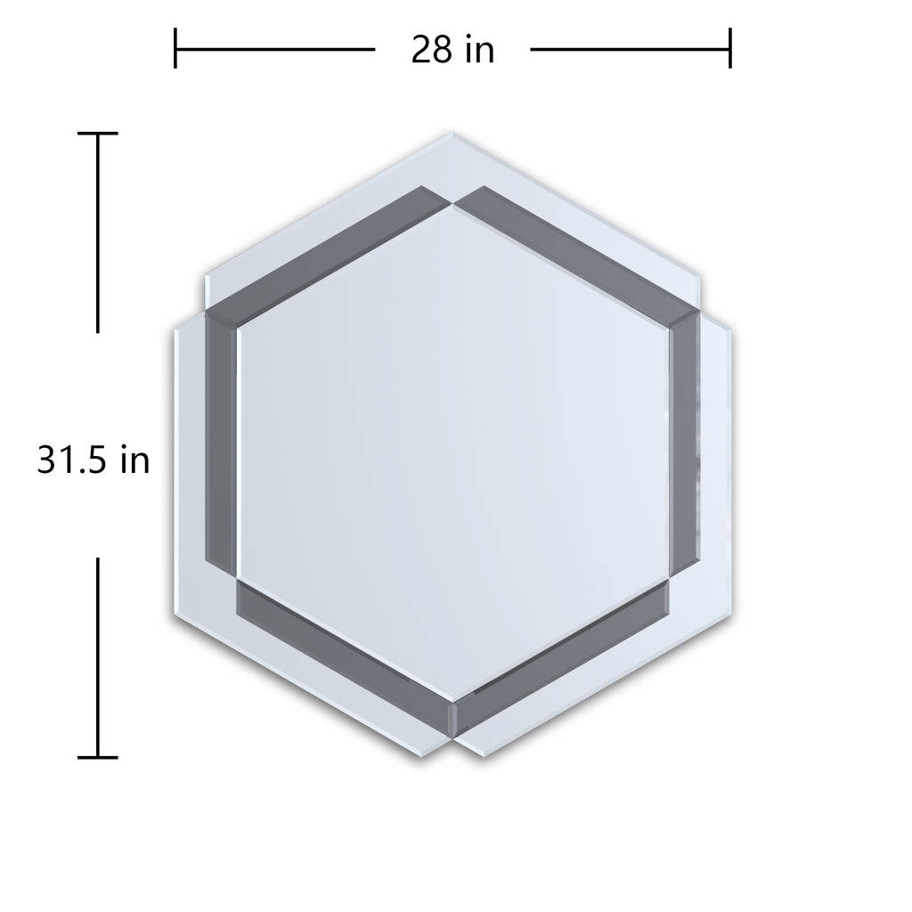 Octagon silver wall mirror with size markings: 28 in wide, 31.5 in high