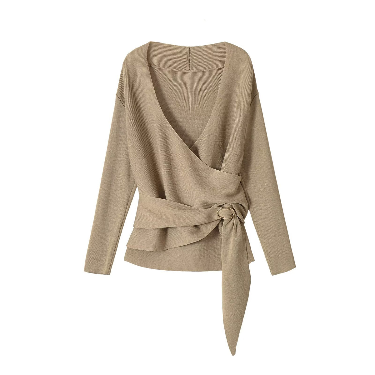 Khaki V-neck long-sleeve knit sweater with wrap waist tie and flowing back hem