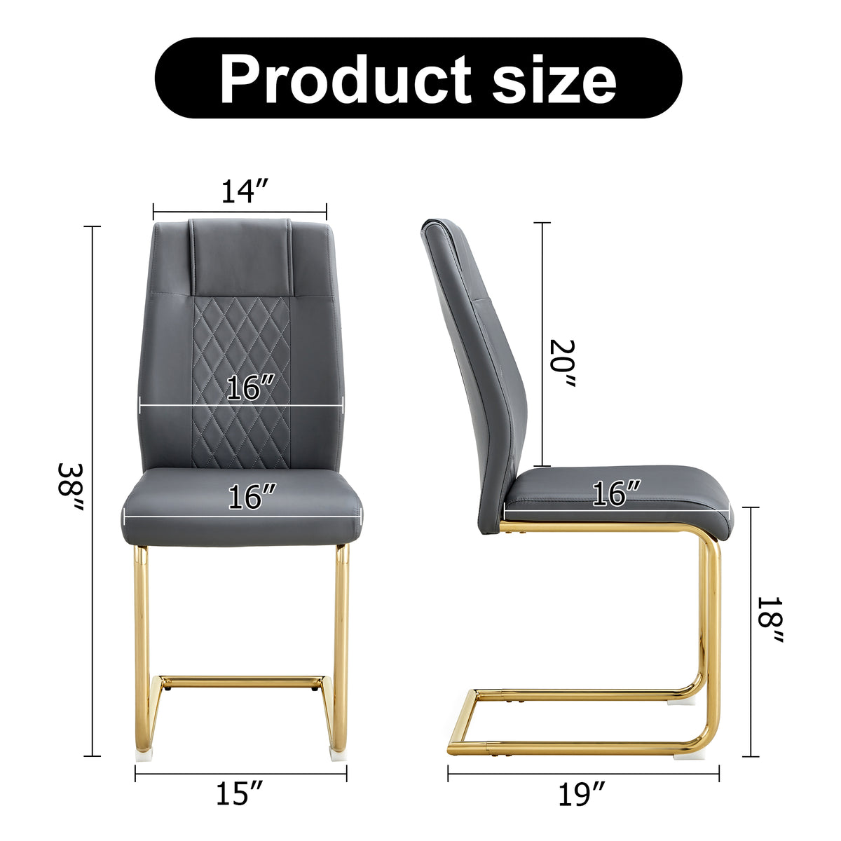 Gray faux leather chair with diamond-stitch seat, curved back, and gold metal legs