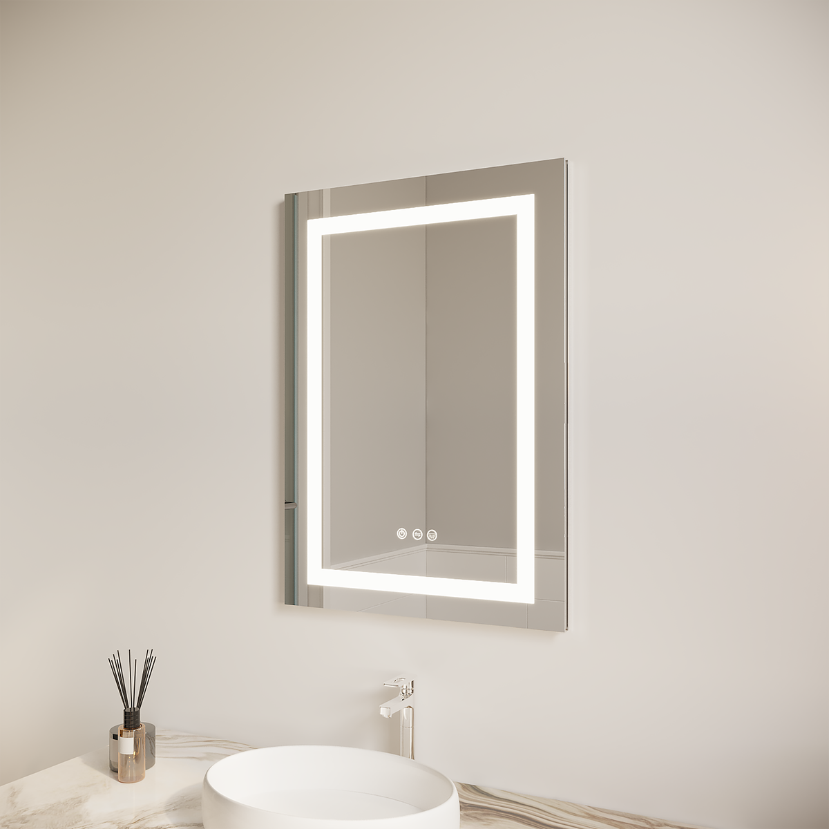 LED bathroom medicine cabinet with illuminated anti-fog mirror, slim silver frame