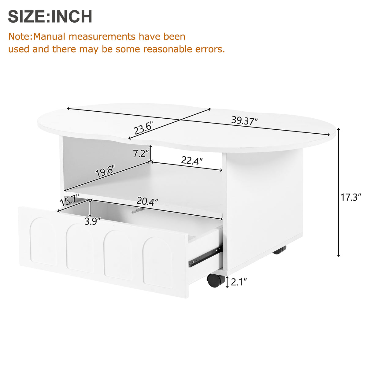White oval coffee table with front storage drawer and open shelf, shown with measurements
