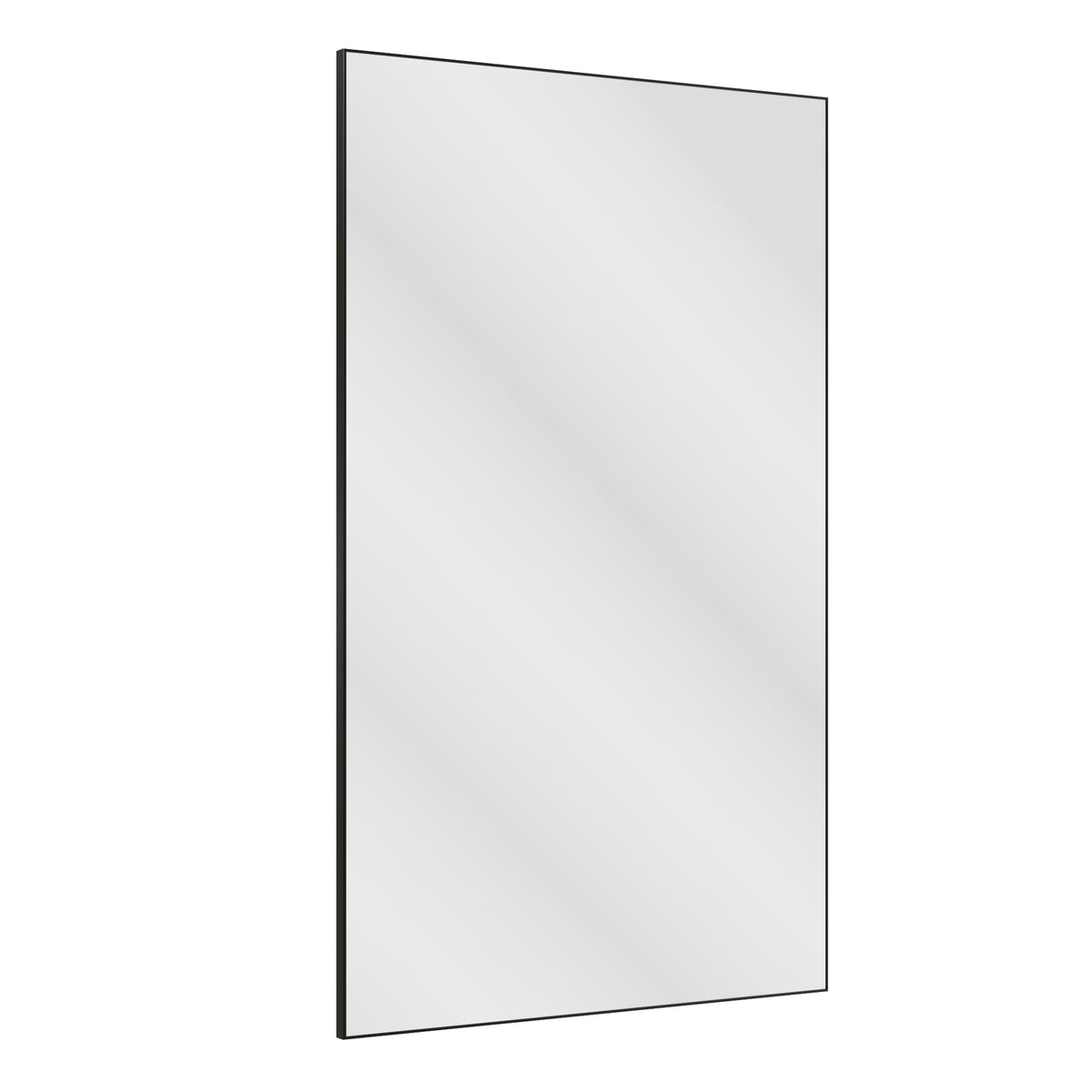 Black aluminum framed wall mirror, thin border with reflective glass surface