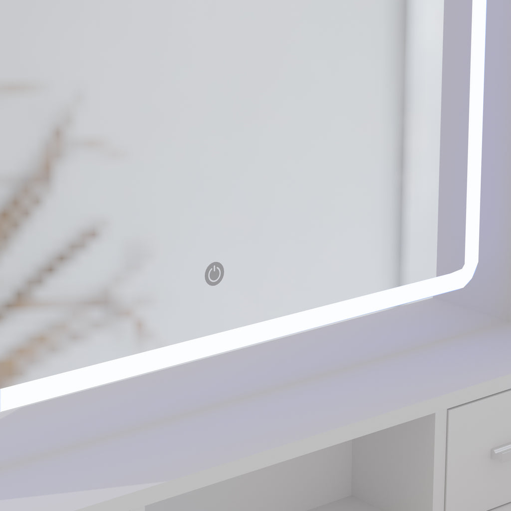 White vanity mirror corner with touch power button on the frame