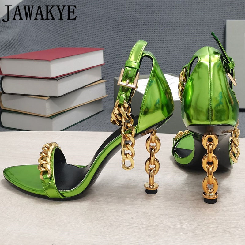 Women’s shiny lime green heeled sandals with open toe, gold chain accents, and ankle buckle