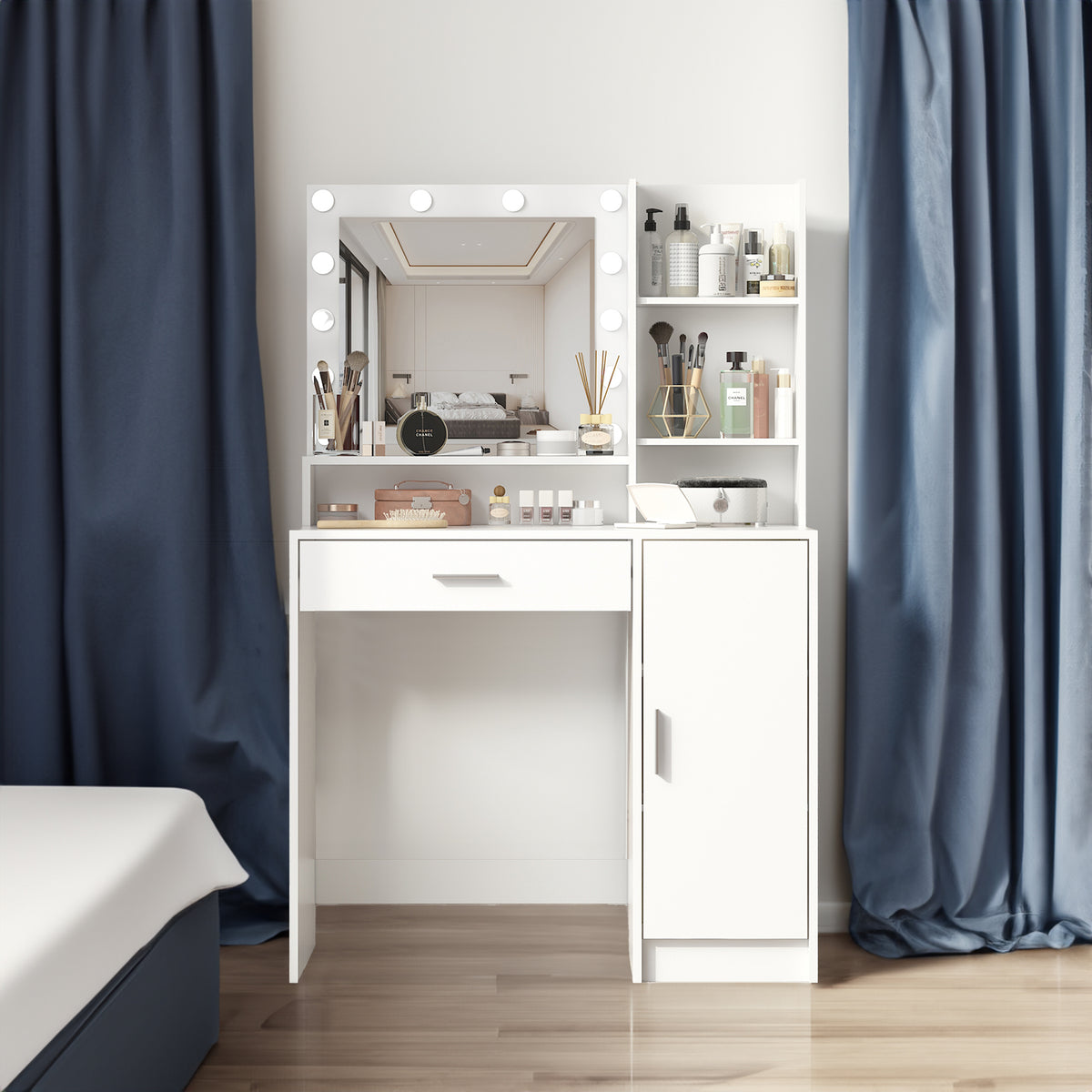 White makeup vanity desk with lighted mirror and two storage cabinets below