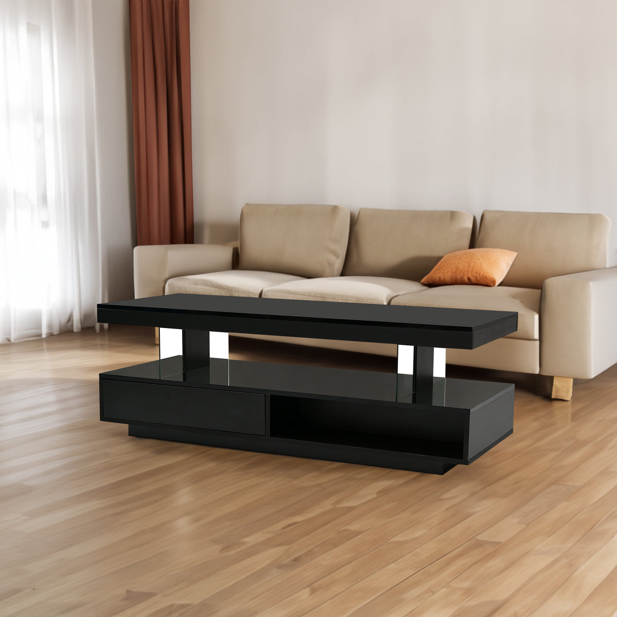 Black LED coffee table with two drawers and open display shelf, modern rectangular design