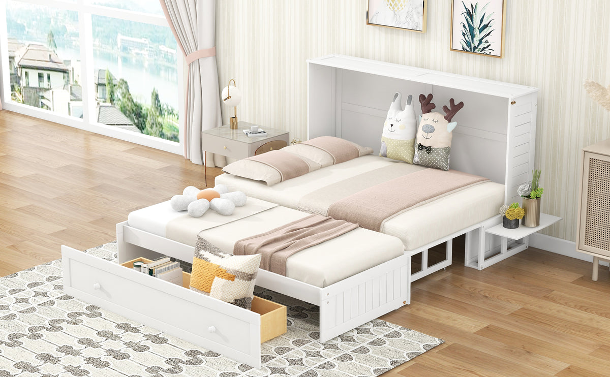 Queen-size white Murphy bed with pillows, side shelves, and front drawer