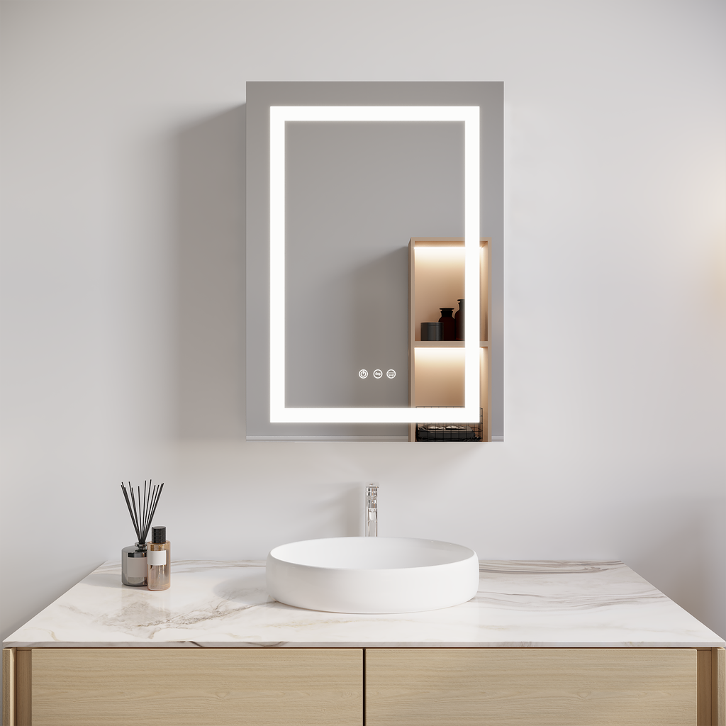LED bathroom medicine cabinet with illuminated anti-fog mirror, touch controls visible