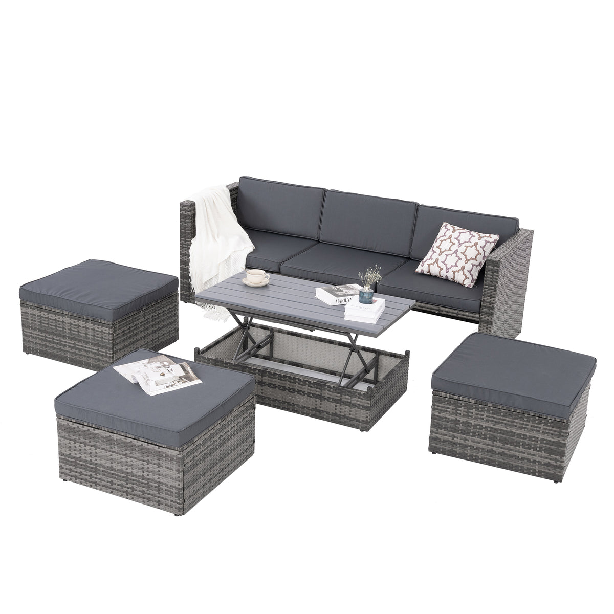 Outdoor PE wicker patio set with dark gray sectional sofa, cushions, and coffee table