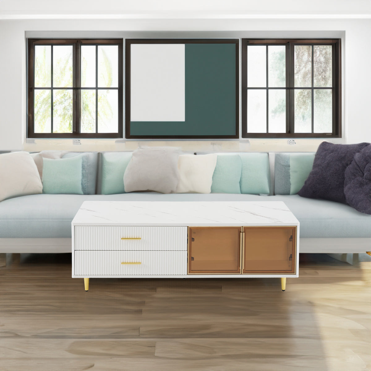 White modern coffee table with marble-look top, two glass cabinet doors, gold legs