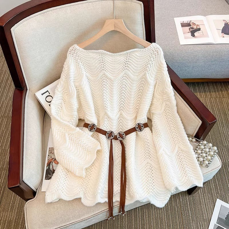 Women’s white one-shoulder pullover sweater with textured knit and tassel drawstring