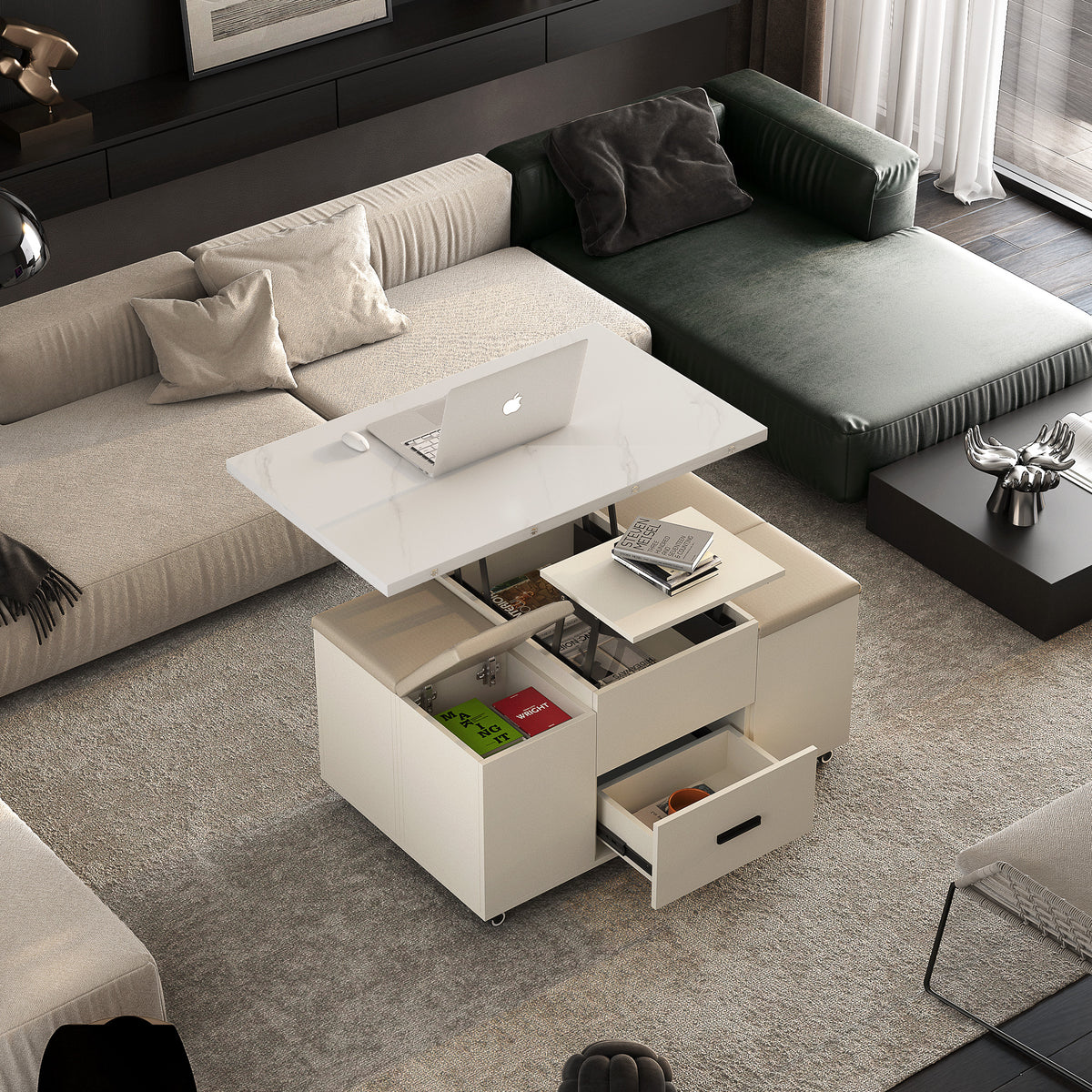 White lift-top coffee table with open compartments and drawer, caster wheels visible