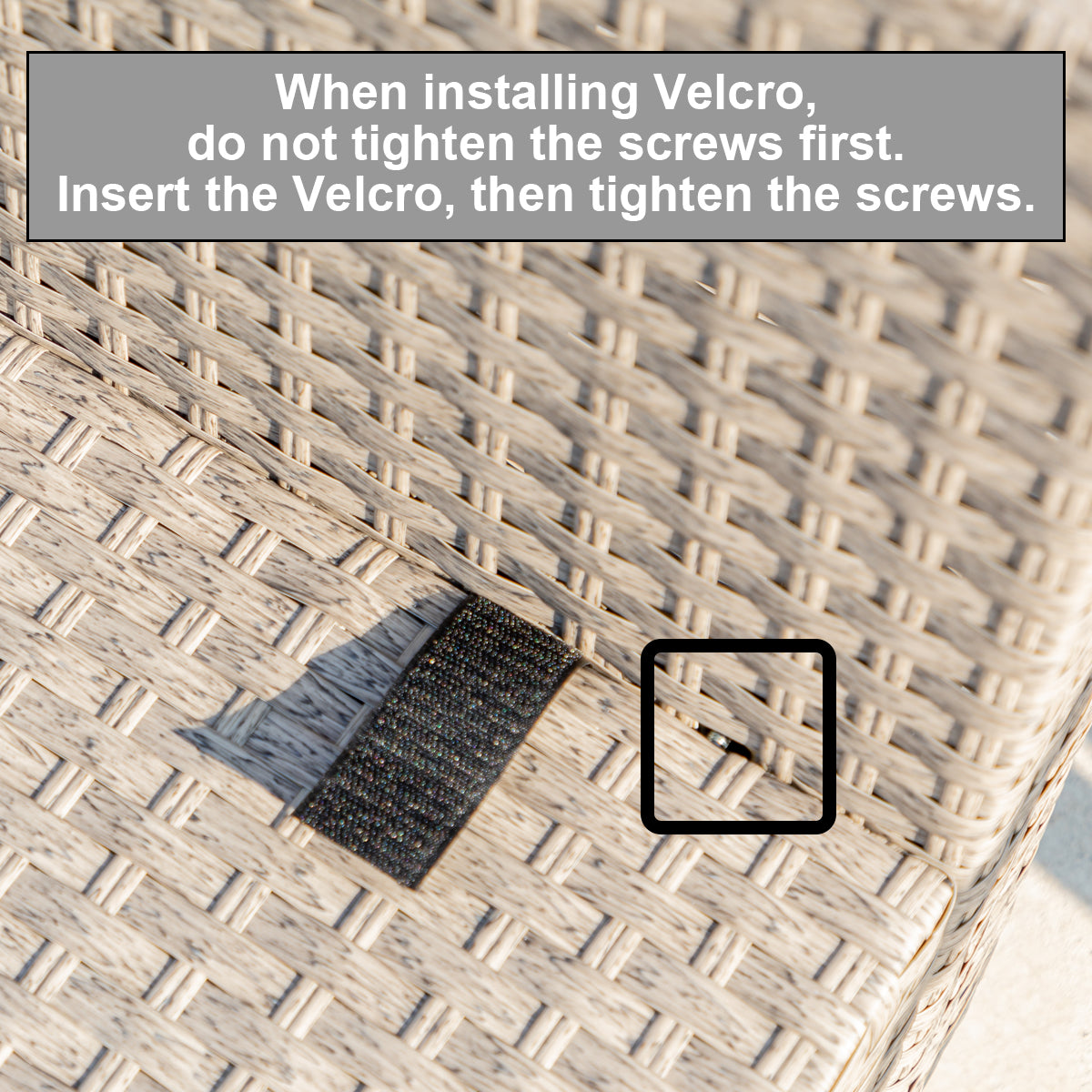 Woven rattan corner with dark velcro strip and stitched cushion edge