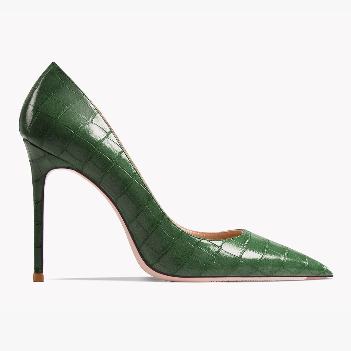Green patent leather pointed-toe stiletto pump with thin heel and croc-embossed texture