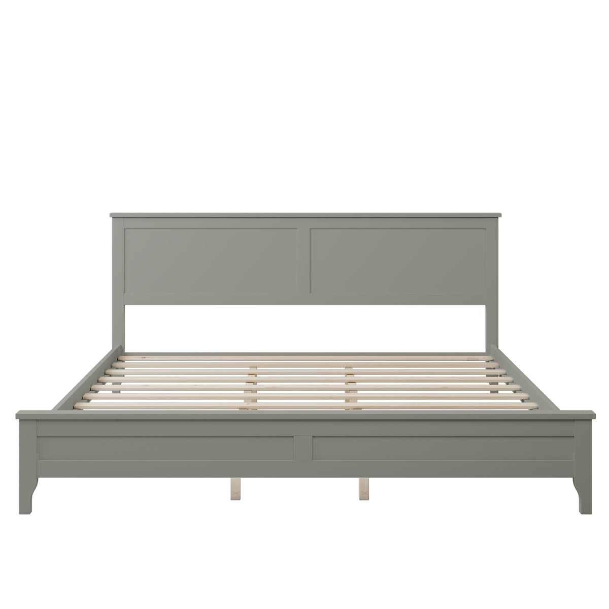 Gray king bed frame with full-width headboard and slatted platform base