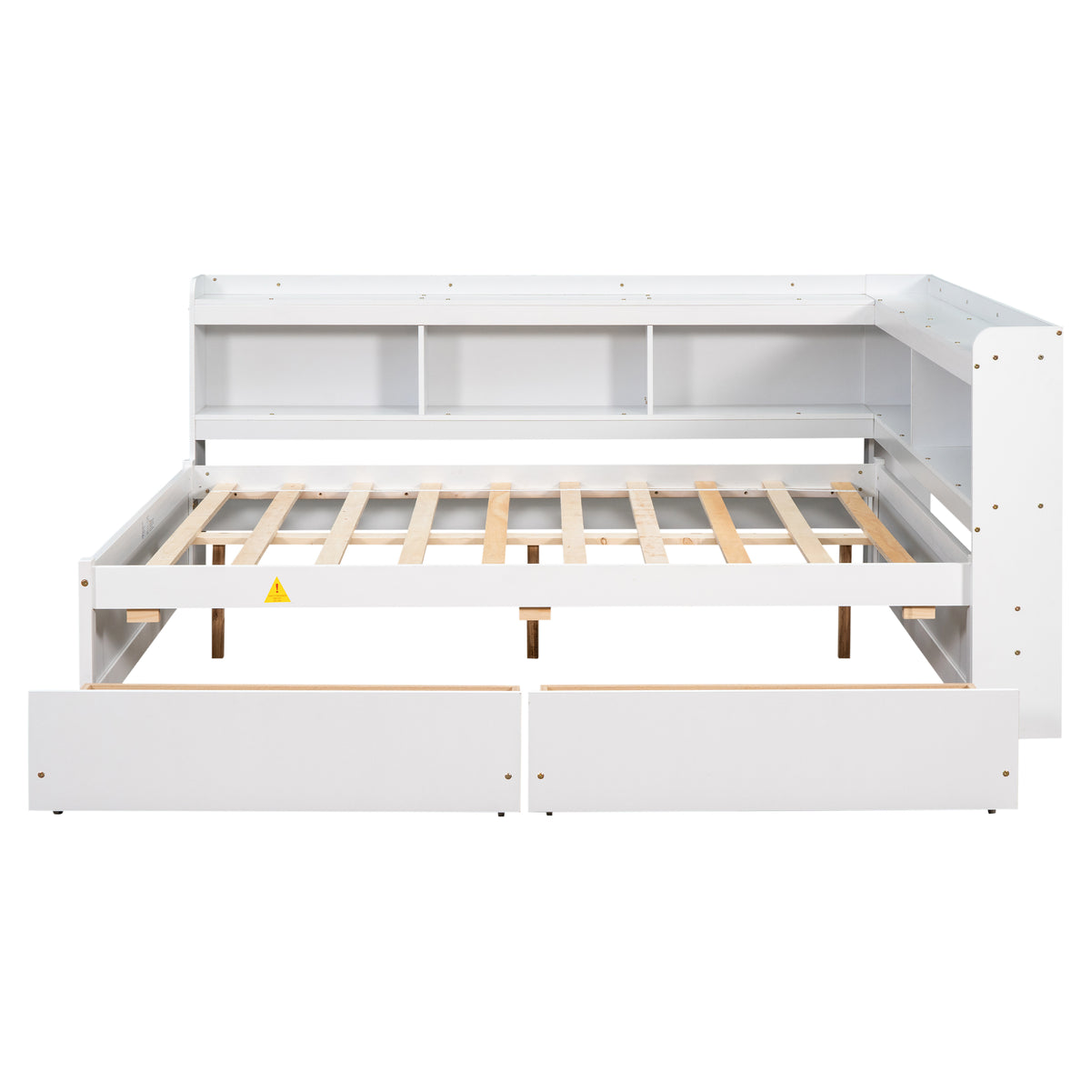 White full bed frame with L-shaped bookcase back and wooden slat platform