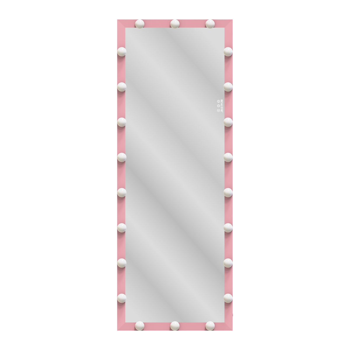 Pink framed full body mirror with evenly spaced round LED bulbs along the edges