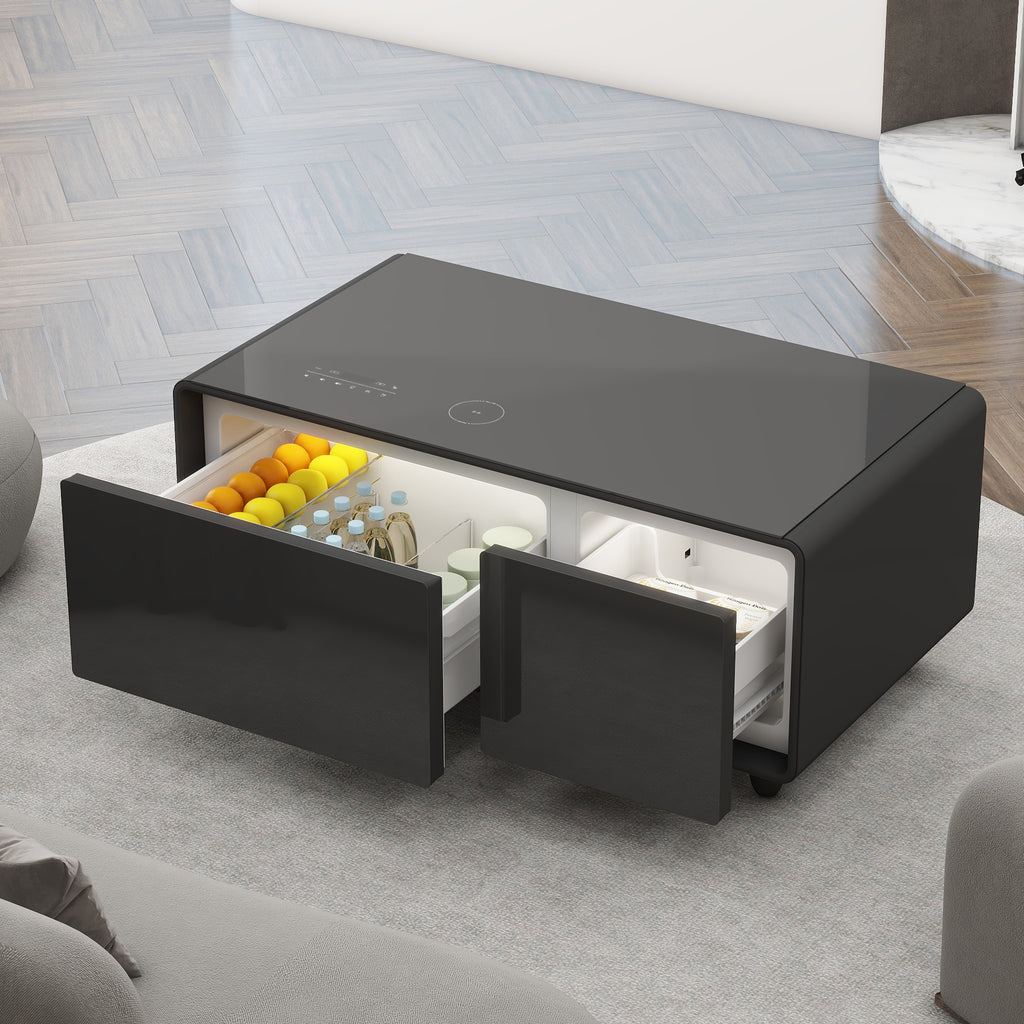 Black smart coffee table with open refrigerated compartment and two drawer-style fronts