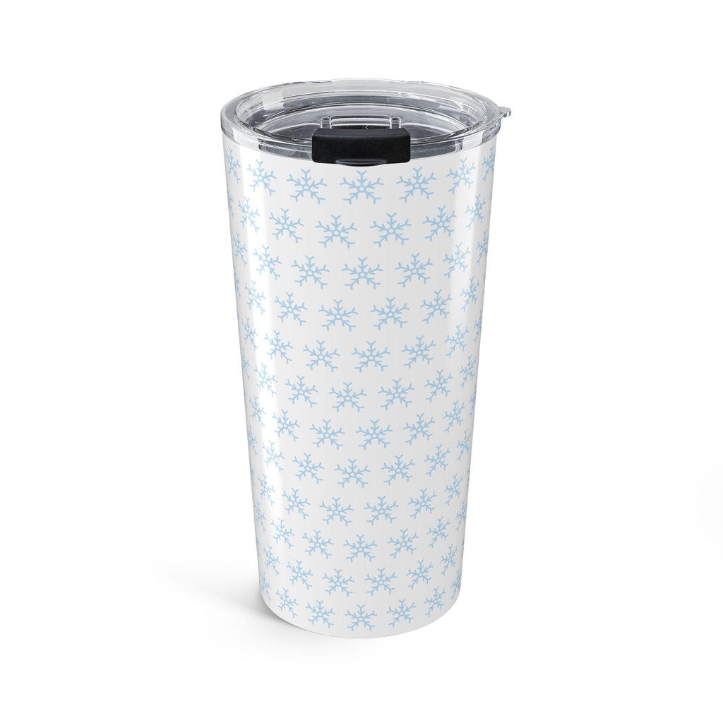 20oz insulated tumbler with light blue snowflake pattern and clear press-fit lid