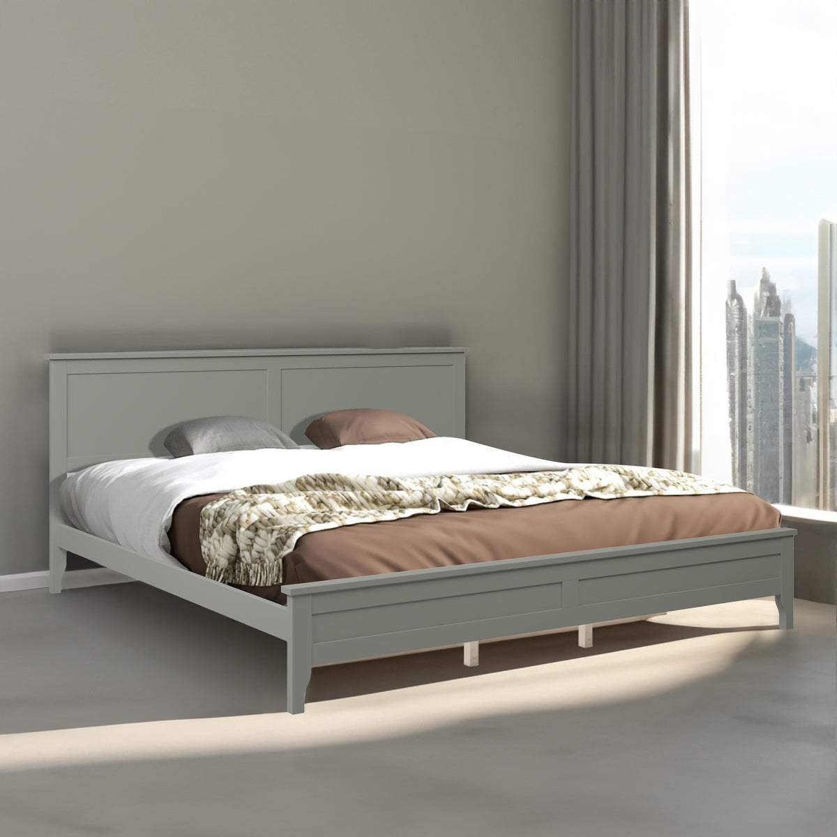 Gray king platform bed frame with paneled headboard, footboard, and slatted base