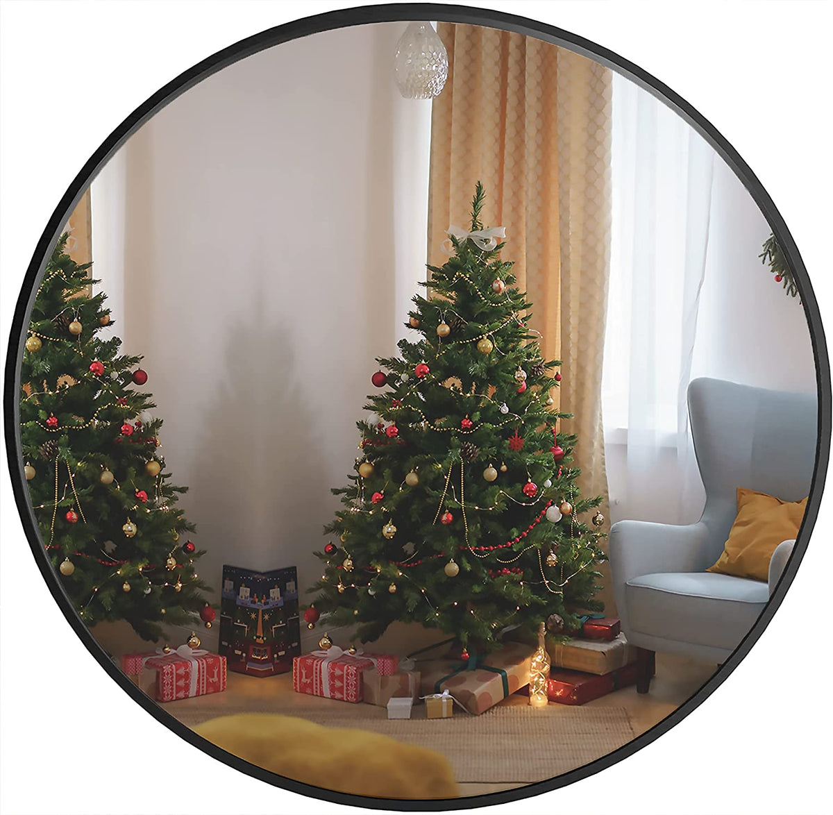 Round black-framed mirror with reflective glass showing holiday lights and tree reflections