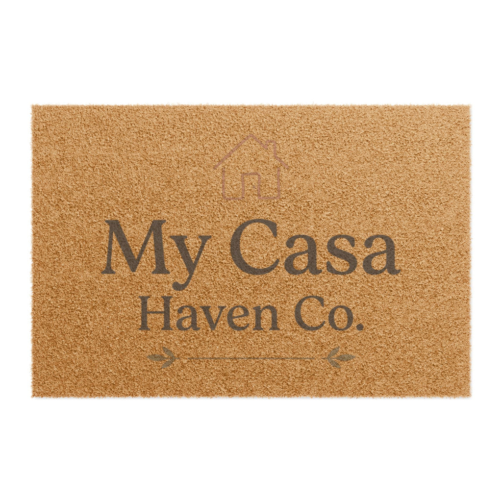 Tan coir doormat with 'My Casa Haven Co.' printed