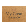 Tan coir doormat with 'My Casa Haven Co.' printed