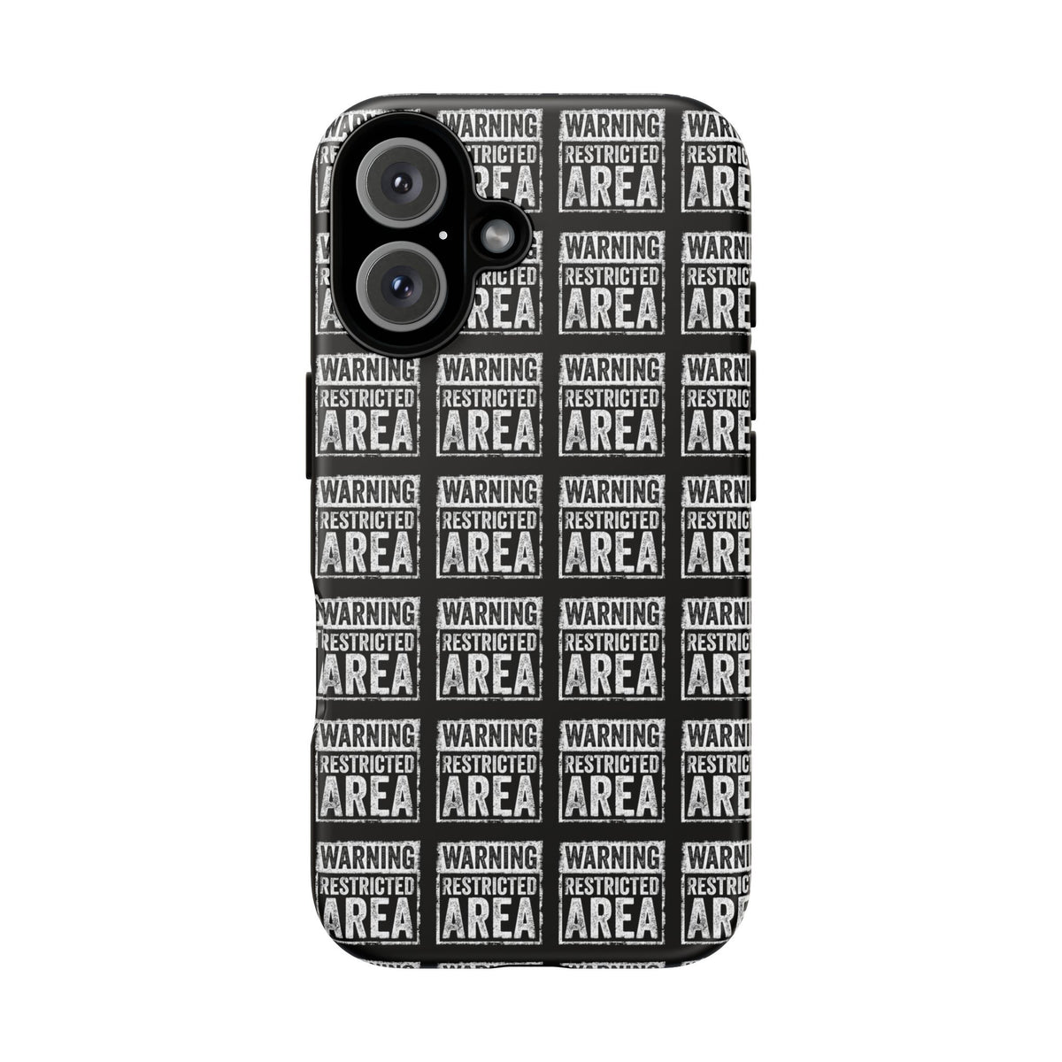 Matte-looking black phone case with white 'AREA' warning pattern and camera openings