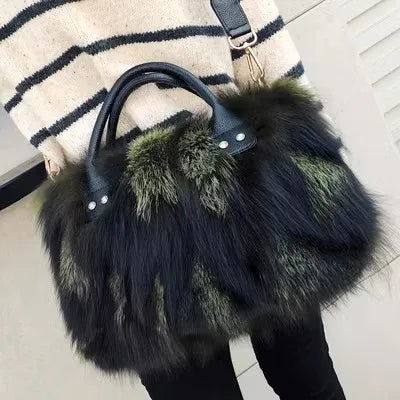 Dark green and black fox fur handbag with leather crossbody strap