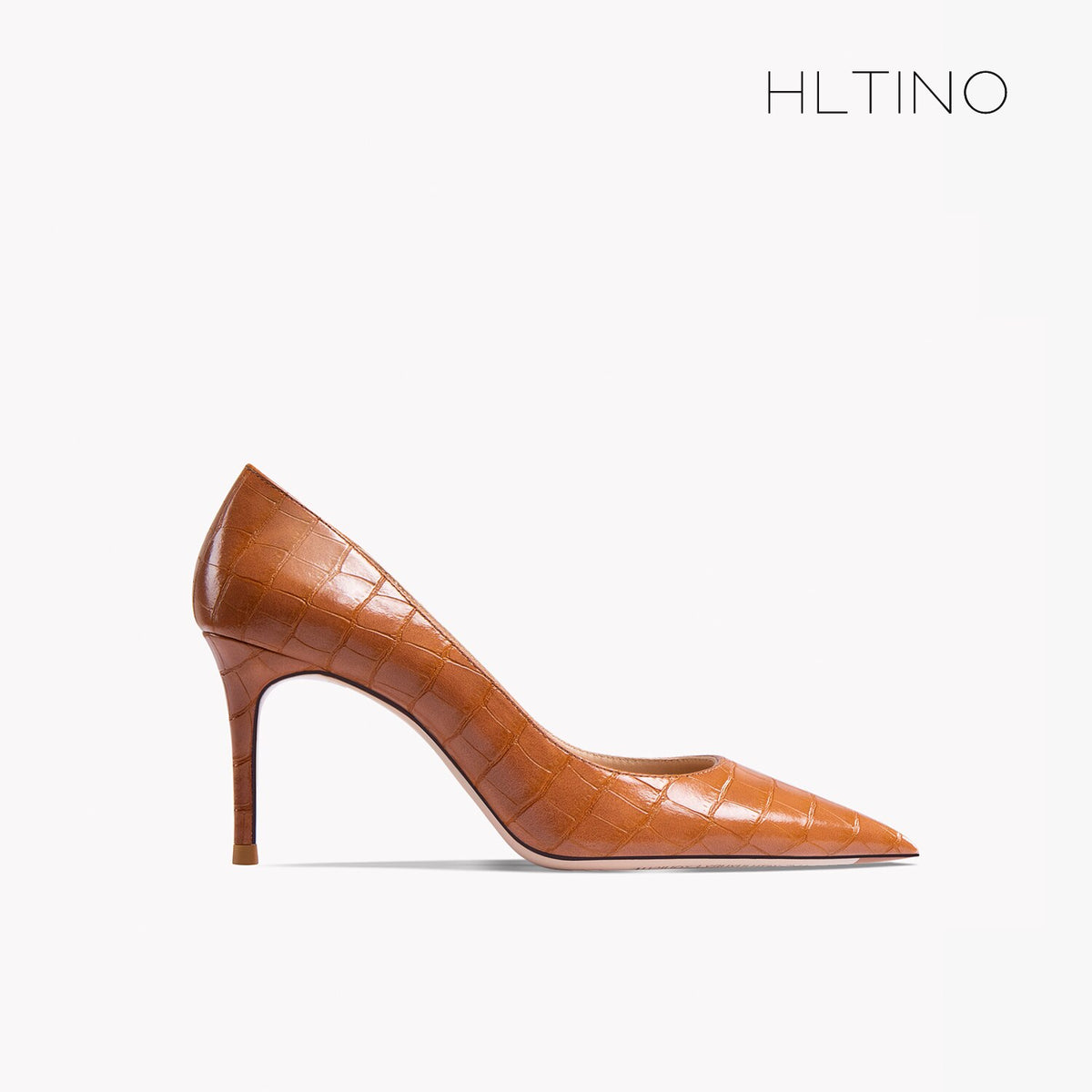 Women's pointed-toe high heel pump in brown croc-textured patent leather, angled side view.