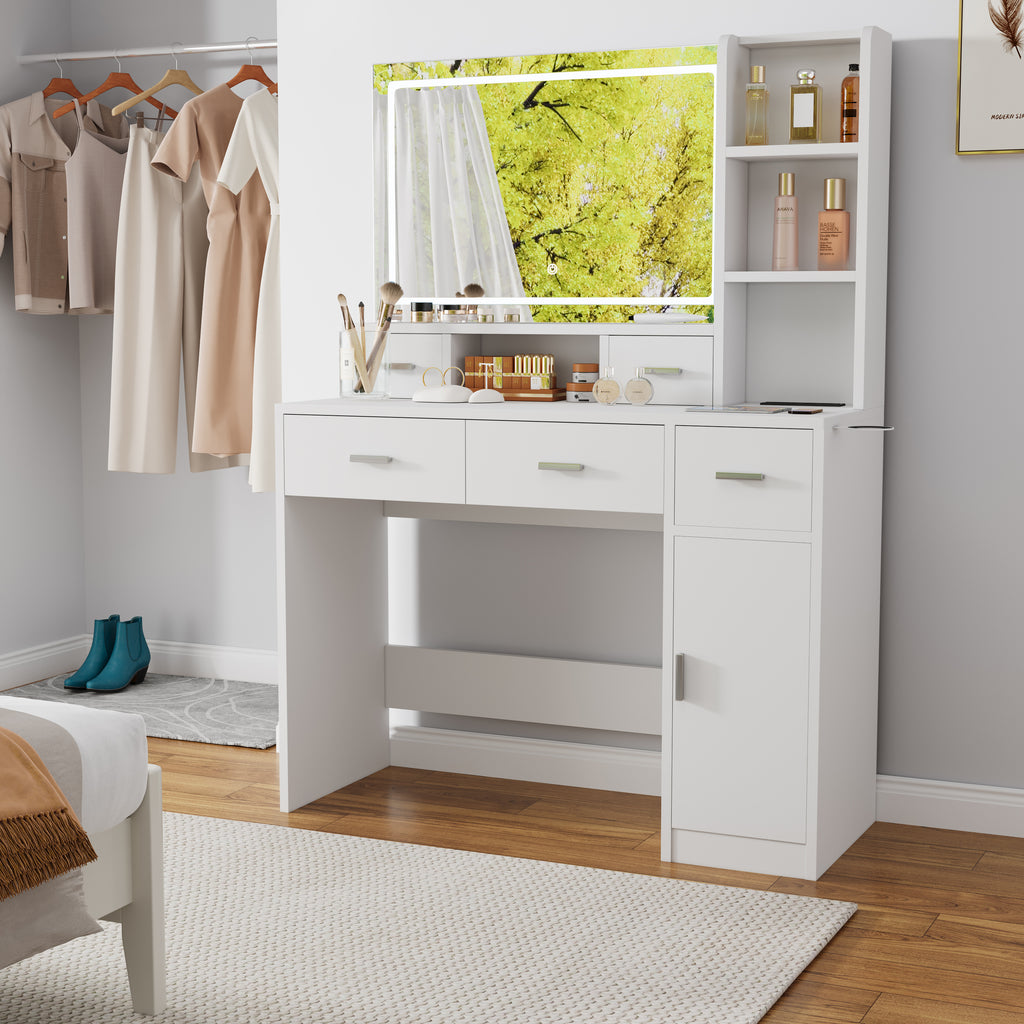 White dressing table vanity with open shelves, side cabinets, and mirror