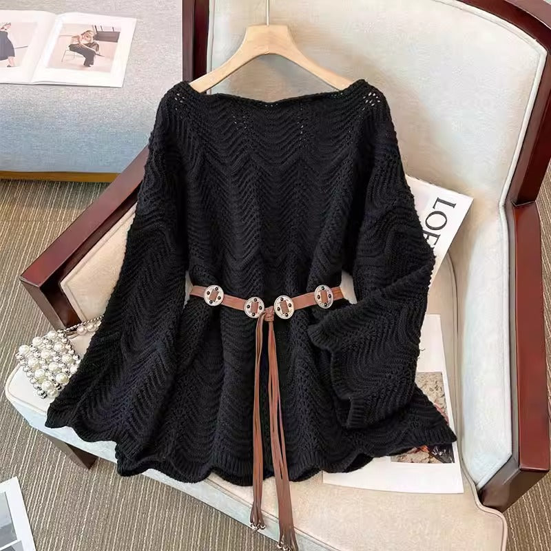 Women’s black one-shoulder pullover sweater with textured knit and beaded tassel tie