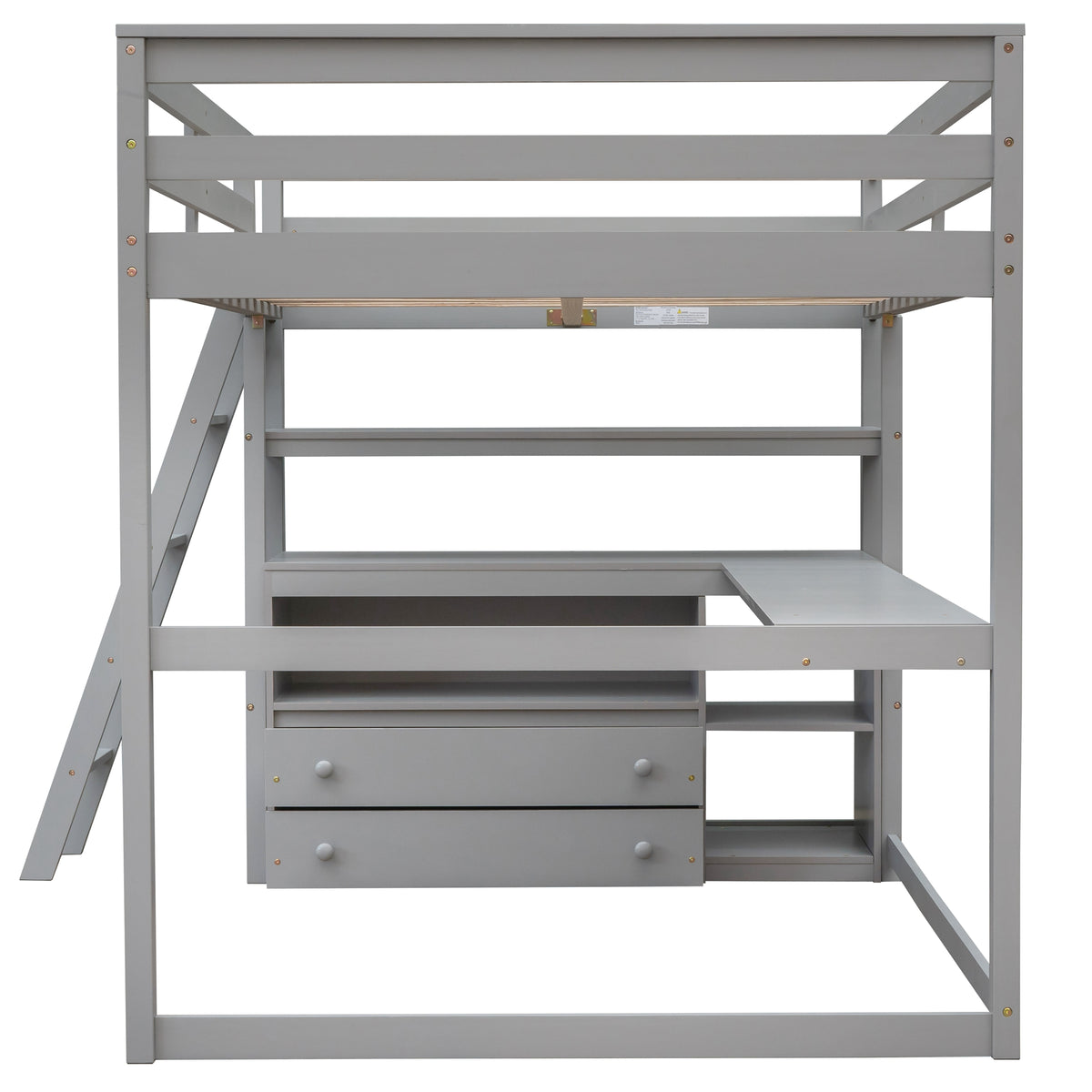 Gray loft bed with desk platform, open shelves, and two drawer fronts