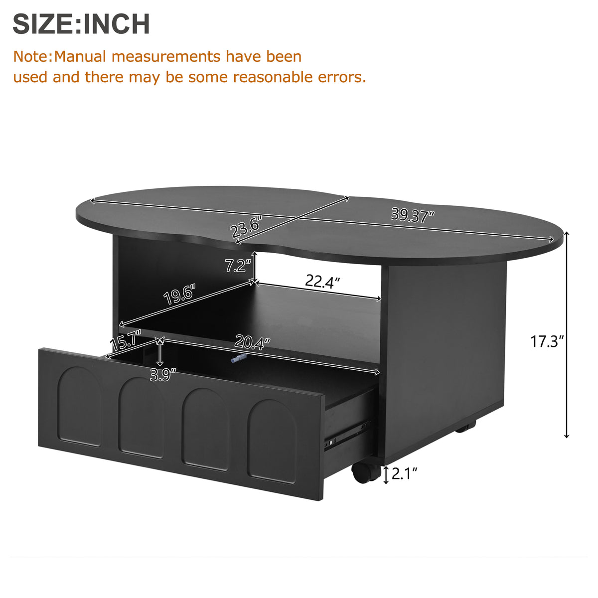 Black coffee table with open storage shelf, front drawer panel, caster wheels