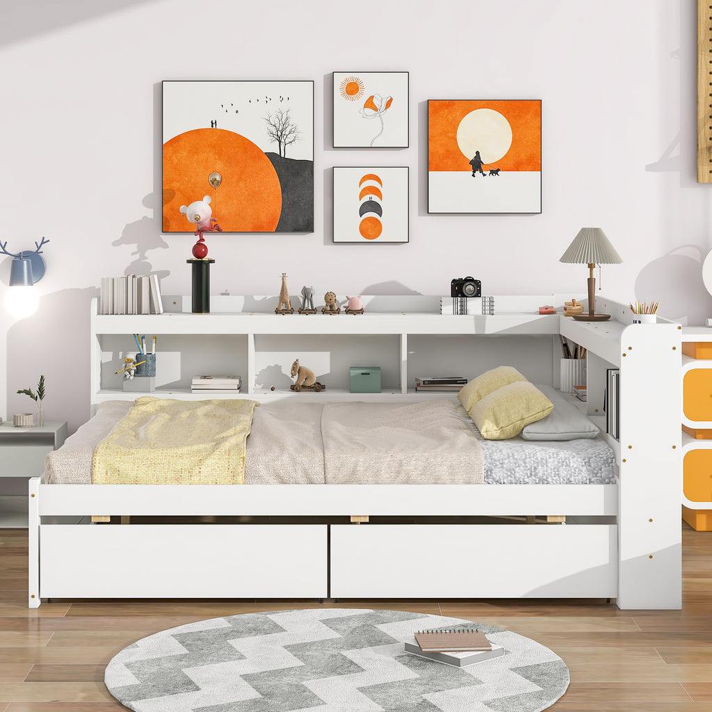 White bed frame with L-shaped bookcase shelves and drawers; slatted support with bedding